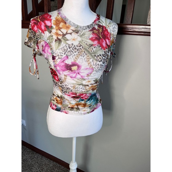 Guess Tops - Guess Women Floral Leopard Mesh Ruched Short Sleeve Top XS W3YP05 KBAH2